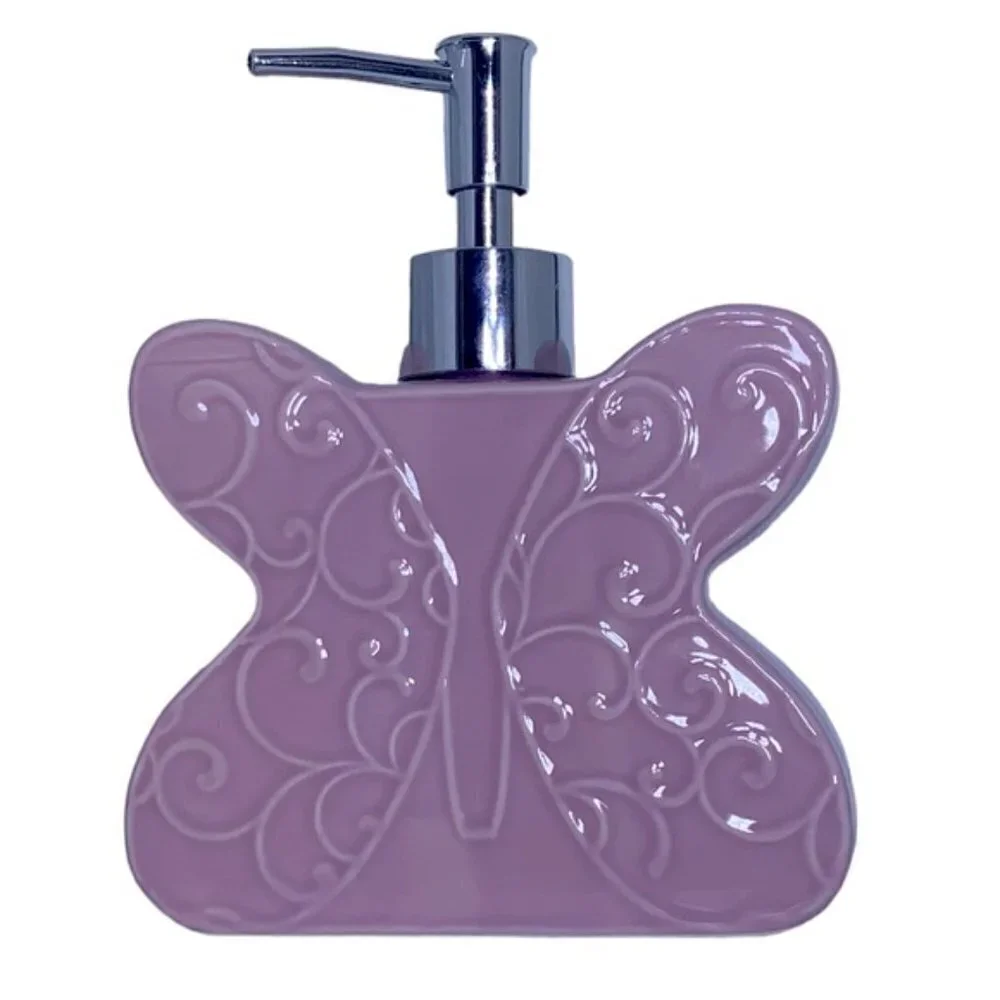 Matt & Maddie Butterfly Soap Lotion Dispenser Embossed 3D Floral Ceramic Pink